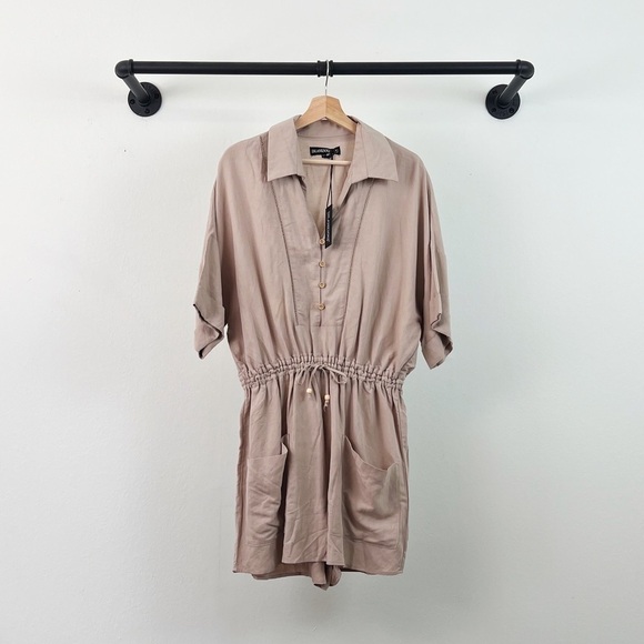 NWT BlankNYC Linen Blend Short Sleeve Button Front Romper Tan - Picture 4 of 7